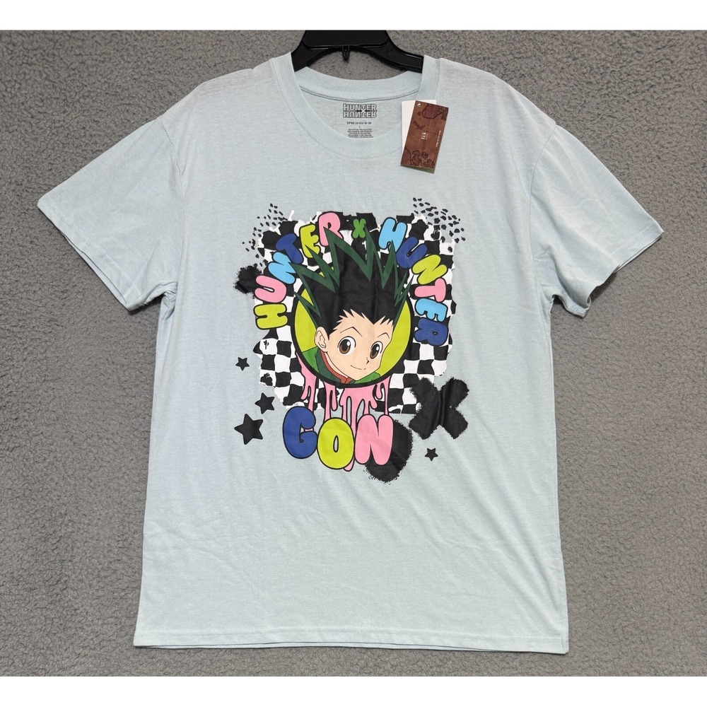 Hunter X Hunter Manga Gon Checkerboard T-shirt mens Large Light Blue NEW